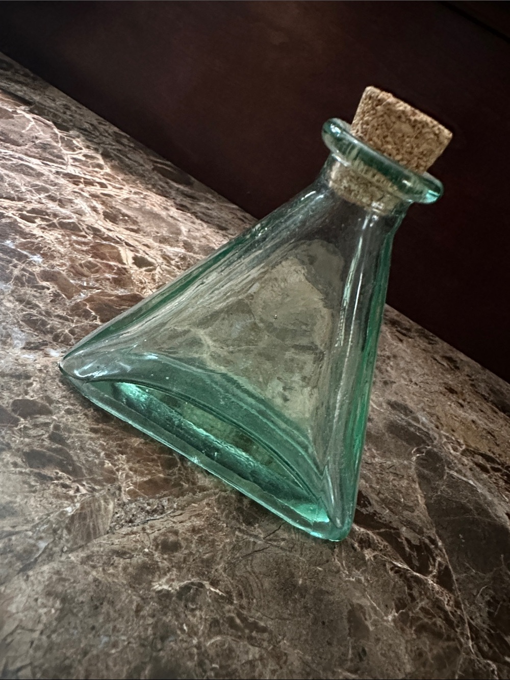 Triangular Aqua Glass Bottle with Cork Stopper